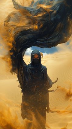 a person in the desert wearing a black outfit and holding a scarf over their head