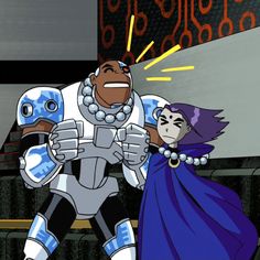 an animated image of two people dressed in costumes and standing next to each other,