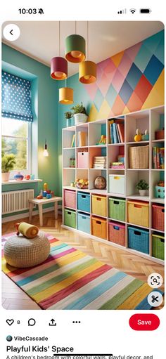 an image of a room with colorful furniture and decor on the walls, including bookshelves