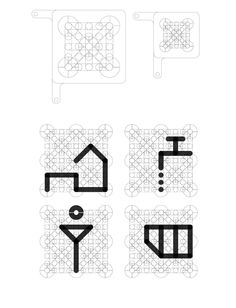 four different types of geometric designs in black and white, each with an image of a house