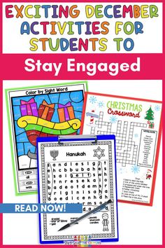 This image says Exciting December Activities for Students to Stay Engaged and features a color by sight word page with a sleigh and gifts, a  Christmas Crossword puzzle and a Hanukah word search. December Lesson Plans, December Lessons, 3rd Grade Teaching, Math Mystery Picture, December Activities, Winter Writing, Christmas Teaching