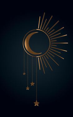 the sun and moon with stars hanging from it's sides, against a dark background