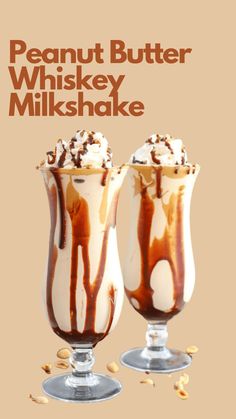 two glasses filled with ice cream and peanut butter milkshake on top of each other