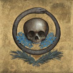 there is a skull in the middle of a circle with blue flowers and leaves around it