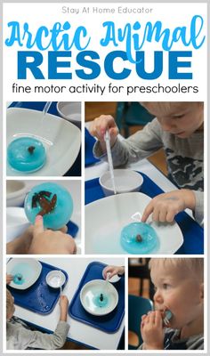 a collage of photos showing how to use an animal rescue fine motor activity for preschoolers