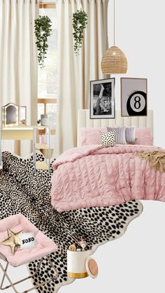 the bedroom is decorated in pink and black with leopard prints on the floor, bedding, pillows, rugs, and other accessories