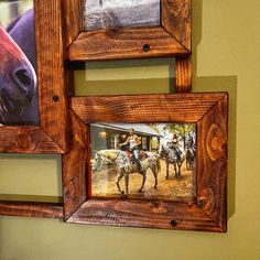 two framed pictures hang on the wall next to each other with horses and riders painted on them