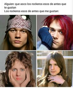 four different pictures of people with red hair and blue eyes, one is wearing a headband