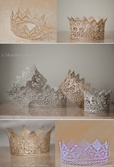 four pictures of different tiaras and crowns on a table, one is purple the other is gold