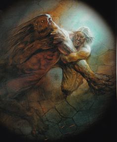 an image of a man being hugged by a demon in the dark with light coming from behind him