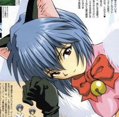 an anime character with blue hair wearing a red bow