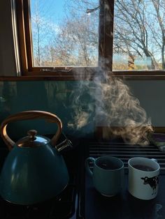 steaming tea on the stove in front of a window