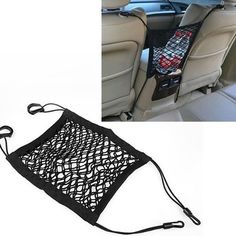 a car seat with a black netted bag hanging from the front and back seats