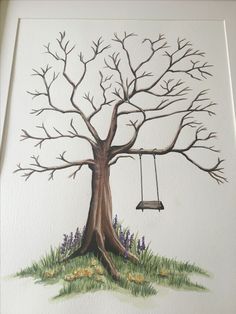 a drawing of a tree with a swing hanging from it's branches and purple flowers