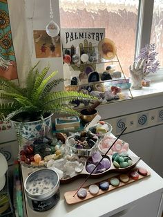 a table filled with lots of different types of rocks and plants next to a window