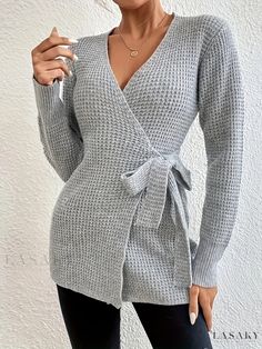 Lasaky – Womens Plus Size Knit Top – Casual Solid Long Sleeve Surplice Neck Sweater with Knot Wrap Design – Lasaky Fashion Boutique Fitted V-neck Acrylic Sweater, Knit Wrap Tops For Fall, Knitted Long Sleeve Tops For Fall, Winter V-neck Knitted Tops, Winter Knitted V-neck Tops, Winter Knitted Long Sleeve Tops, Fall V-neck Knitted Sweater, Knitted V-neck Top For Winter, Fitted Knitted Tops For Fall