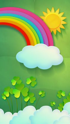 a rainbow and clouds in the sky with clover leaves on the ground below it, against a green background