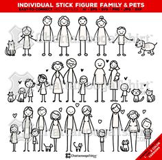 cartoon stick figure family and pets clipart for use in web design, logo or print