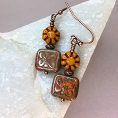 Earth Tone Czech Glass Earrings Copper Jewelry Bohemian - Etsy Eclectic Earrings, 70s Earrings, 70s Jewelry, Wire Jewelry Rings, Jewelry Rustic, Earring Inspo, Earrings Stone, Chunky Earrings, Funky Earrings