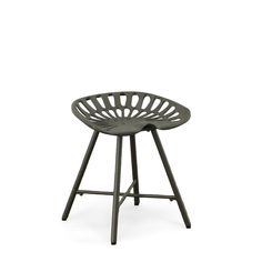 a grey stool with a circular seat on it's legs and an open backrest