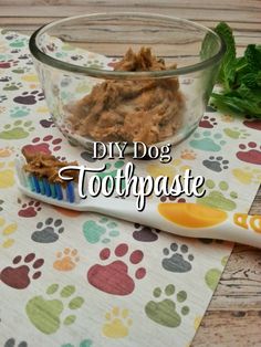 a dog toothbrush sitting on top of a table next to a bowl of food