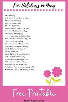 the free printable fun holidays in may list