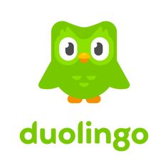 a green bird with big eyes and the word duolingo