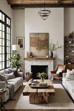 a living room filled with furniture and a fire place in front of a fireplace surrounded by windows