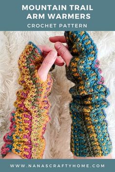 two crocheted arm warmers with text that reads mountain trail arm warmers crochet pattern