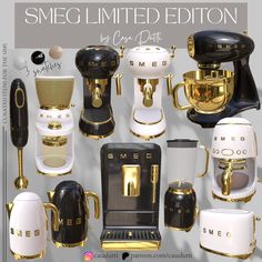 an assortment of different types of coffee makers and espresso machines with the words smeg limited edition written on them