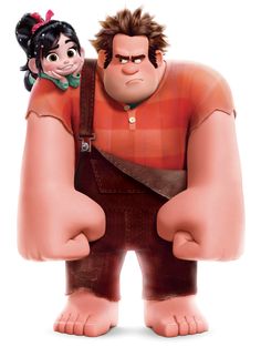 the animated character wreck from wreck is holding onto his daughter's shoulder and looking at her