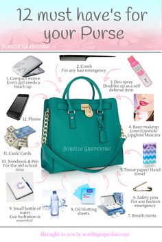 Things To Carry In Your Bag, Purse Contents Ideas, Purse Essentials For Women, Handbag Contents Ideas, Must Haves For Purse, Essentials For Work Bag, Women Purse Essentials, Must Have In Purse, Work Bag Essentials Woman