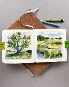 an open book with watercolors on it