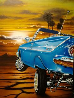 a painting of a blue classic car in front of a sunset with palm trees and clouds