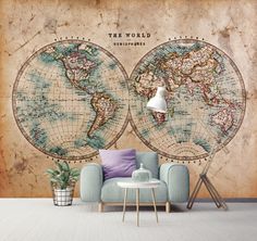 an old world map on the wall in a living room