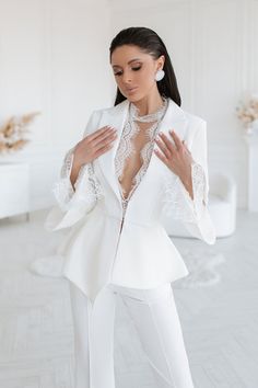 Elegant Notch Lapel Suit For Wedding, Elegant Tailored Blazer For Wedding, Tailored White Long Sleeve Sets, Fitted White Suit For Wedding, Elegant Fitted Wedding Pantsuit, Chic Fitted Wedding Sets, Elegant Fitted Pantsuit For Wedding, White Long Sleeve Tuxedo For Party, White Fitted Blazer For Wedding