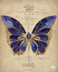 a blue butterfly with gold details on it's wings and back wing, sitting on top of a piece of paper