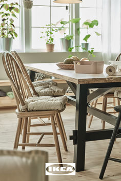 a dining room table with chairs and plants in the window sill behind it, next to a potted plant