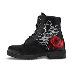 *This design is printed with black lace as the background design (the lace is NOT real fabric lace). All of our Fashion Combat Boots are custom-made-to-order and handcrafted to the highest quality standards. - Made from vegan-friendly faux leather with a double-sided print and rounded toe construction. - Lace-up closure for a snug fit. - Soft textile lining with sturdy construction for maximum comfort. - High-quality rubber outsole for traction and exceptional durability. *Please note that color Rose Boots, Gothic Lace-up Boots With Round Toe For Alternative Fashion, Gothic High-top Combat Boots For Halloween, Gothic Ankle Lace-up Boots For Alternative Fashion, Gothic Faux Leather Lace-up Combat Boots, Gothic Black Lace-up Combat Boots, Combat Boots Style, Goth Boots, Witch Boots