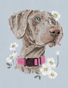 a drawing of a dog with flowers on it's collar