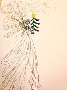 a drawing of a christmas angel holding a small tree in its hand and wearing a star