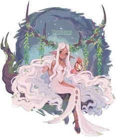 a drawing of a woman with long white hair and horns sitting in front of a tree