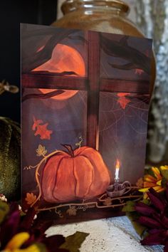 a painting of a pumpkin sitting on top of a table