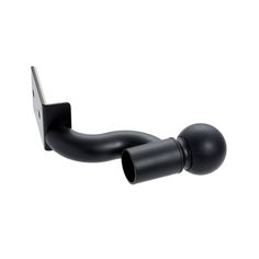 a black metal pipe holder on a white background, with the handle extended to it's left side