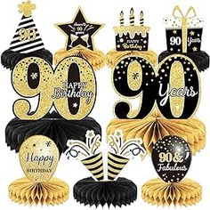 the happy 90th birthday decorations are in black, gold and white with stars on them