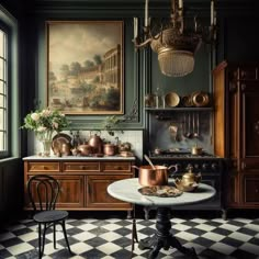 an old fashioned kitchen with green walls and checkerboard flooring, antique decor