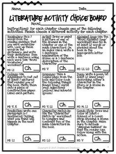 the literature activity choice board is shown in black and white with text on it, which includes