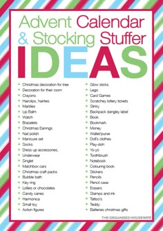 the christmas calendar and stocking stuff list is shown in red, green, blue, and pink