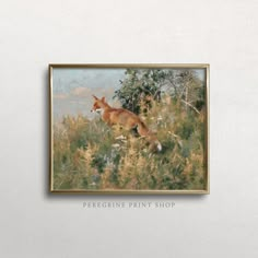 a painting of a fox running through tall grass in front of a white wall with the words perigone print shop on it