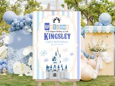 an outdoor birthday party with balloons and princess castle sign in the foreground, surrounded by blue and white balloons